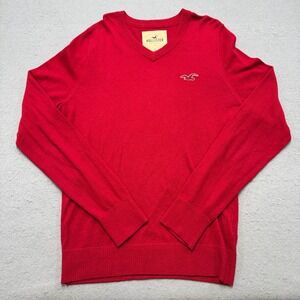 Hollister Sweater Men's Large Red Ribbed Knit Classic Fit V-Neck Pullover Preppy
